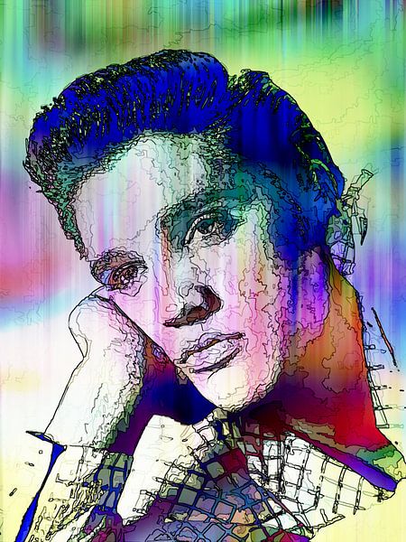 Elvis Presley Abstract Line drawing Portrait in Pink Blue Green par Art By Dominic