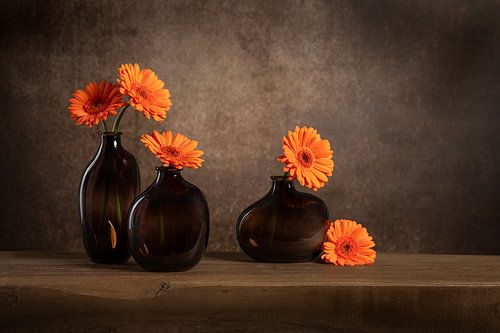 Still life with gerbera's and a falling leaf by John van de Gazelle fotografie