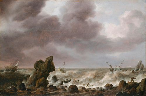 Schepen in nood op een rotsachtige kust, Simon de Vlieger
