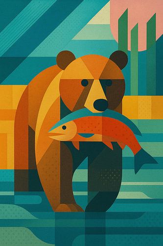 Beer met zalm in natuurlijke habitat illustratie.