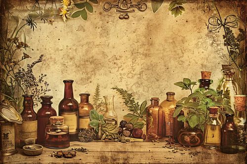 Antieke apotheek met glazen flessen en kruiden