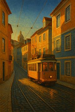 Lisbon’s Electric Glow: Corner Scene with the Iconic Tram by Travel Shop