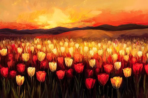 Tulpenveld bij zonsondergang