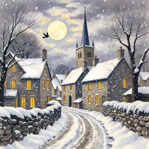 Lune d'hiver au-dessus du village