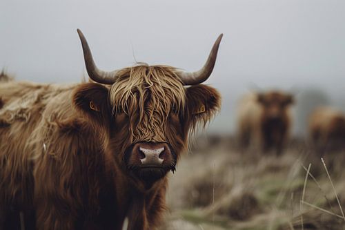 Schotse Hooglander in mistig landschap