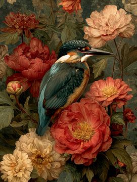 Kingfisher among Blooms - Vintage Botanical Portrait