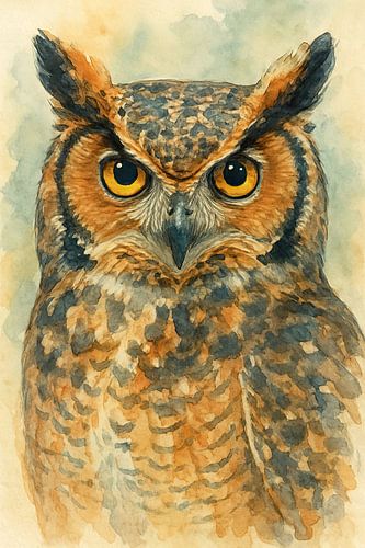 Portret van een oehoe (AI) (uil bosdier krachtig vogel herfst oranje ogen aquarel schilderij snavel close-up)