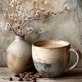 Koffiestilleven met Bloesemtak - Beige Taupe Rustig Schilderij van Joriali Fine Art