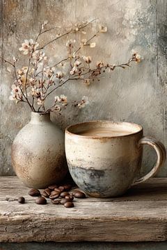 Nature morte au café avec branche fleurie - Beige Taupe Quiet Painting sur Jorali Beaux-Arts