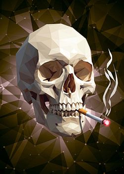 Schedel van een skelet met brandende sigaret Lowpoly