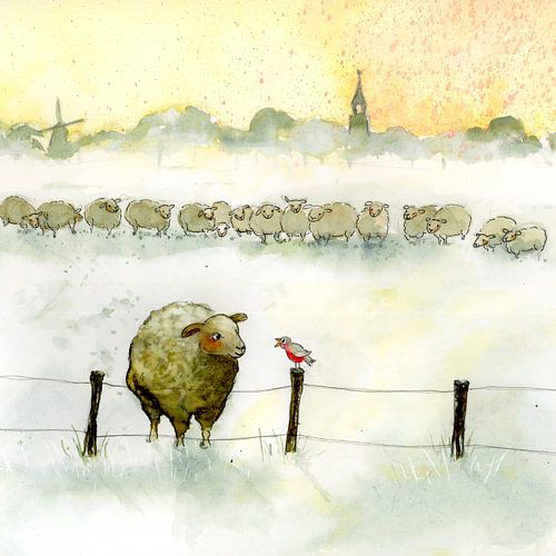 Sheep with robin by Martine van Nieuwenhuyzen