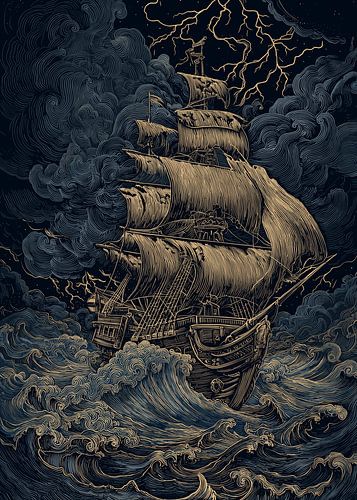 Dramatische illustratie van een zeilschip in een storm