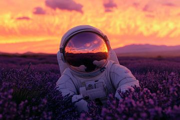 Astronaut in paars bloemenveld bij zonsondergang van Poster Art Shop
