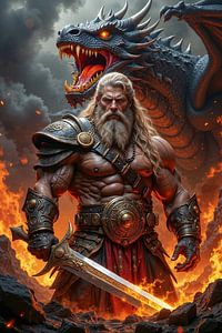 Dark Fantasy Wandbild: DRAKVARD - Ein Wikinger steht vor einem Drachen