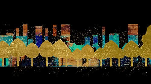 Gouden bomenrij voor een abstracte skyline op zwart