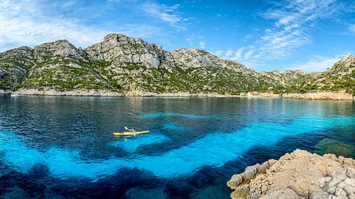 Panoramic view from Calanque de Sormiou in the Calanque National Park in France in summer.