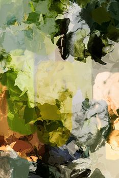 Abstract landscape in emerald green, terracotta, brown.