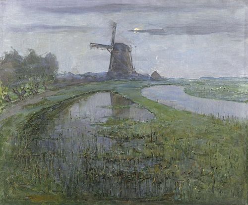 Oostzijdse Molen langs de Gein bij maanlicht, Piet Mondriaan