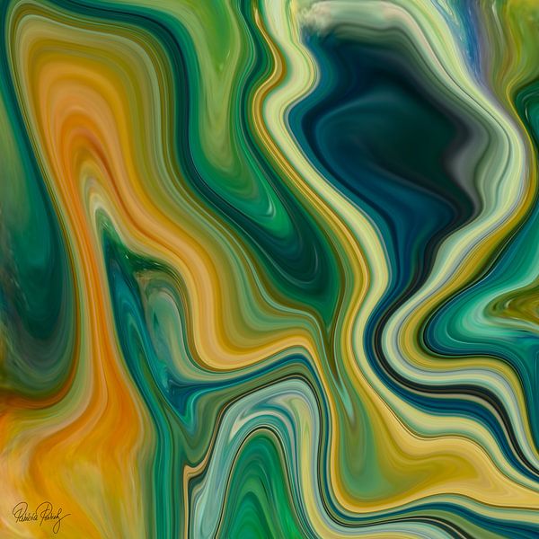 Abstracte Kunst - Vloeibare Schilderkunst Groen en Oranje van Patricia Piotrak