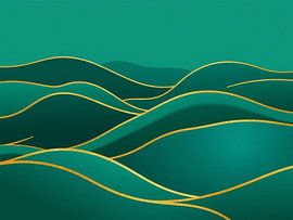 Emerald Green and Gold Wavy Landscape Abstract Art Print by Artistic