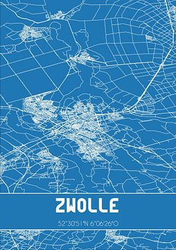 Blauwdruk | Landkaart | Zwolle (Overijssel) van MijnStadsPoster