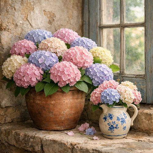 Hortensia stilleven bij raam – landelijke bloemen in pot