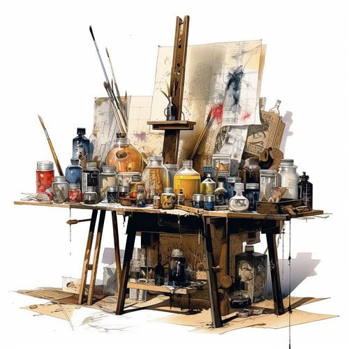 Werkplaats schilder chaos ezel kleuren potten glazen penselen schetsen