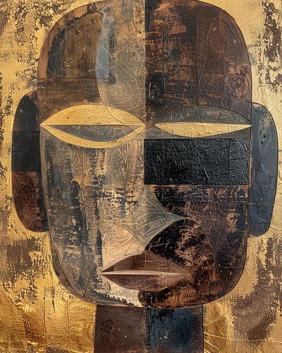 Masque tribal abstrait serein dans les tons or et terre