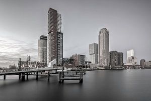 Zicht op de skyline van de kop van zuid in zwart/wit
