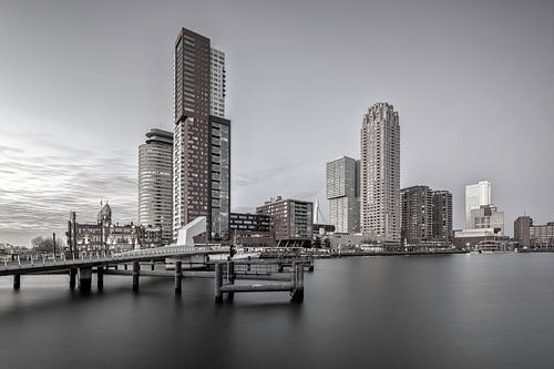 Zicht op de skyline van de kop van zuid in zwart/wit