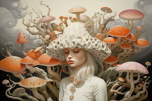 Bizarre image with a beautiful woman and mushrooms