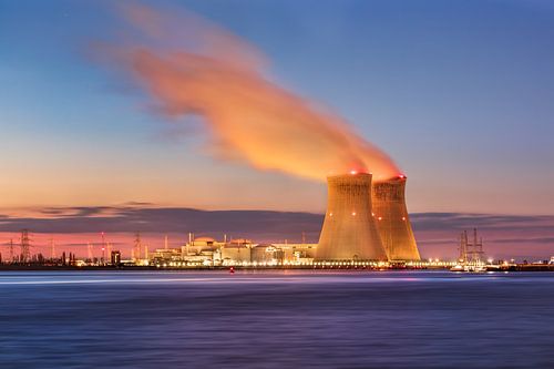Nuclear power plant Doel during beautiful sunset, Antwerp