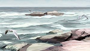 Seascape with rocks, calm waves and seagulls by Anna Marie de Klerk