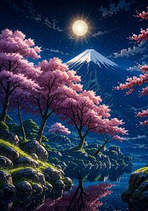 Cerisiers en fleurs Sakura au clair de lune Mont Fuji Paysage du Japon