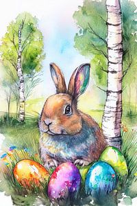 Osterhase mit bunten Ostereiern im Gras mit Birkenbäumen
