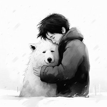 Liefdevolle, innig omhelzing tussen een hond en z'n beste vriend. van Karina Brouwer