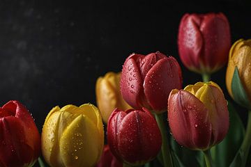 Vibrant tulips with morning dew on black background by De Muurdecoratie