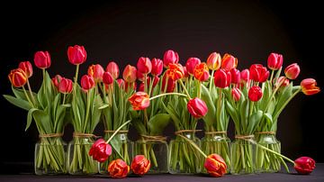 Rode tulpen in glazen vazen op een rij