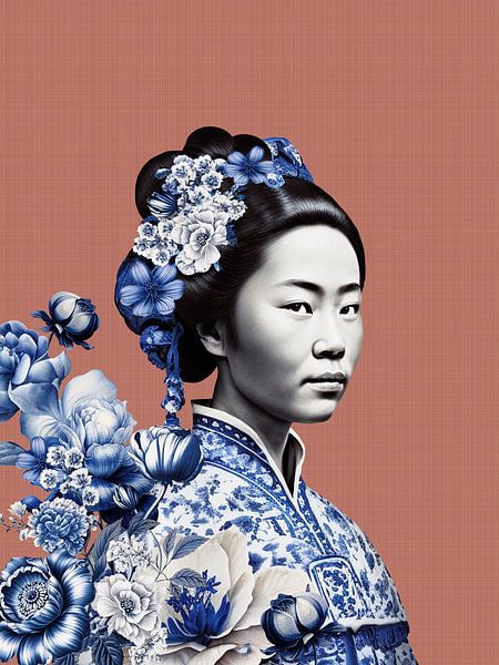 Femme japonaise en bleu de Delft sur fond de terrasse, variation moderne d'un portrait de geisha par Mijke Konijn