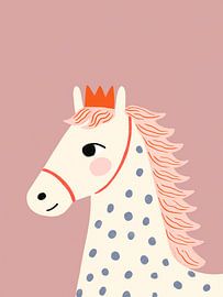 Speelse illustratie van een paard met kroon – Vrolijke kinderkamerkunst van StudioRemier