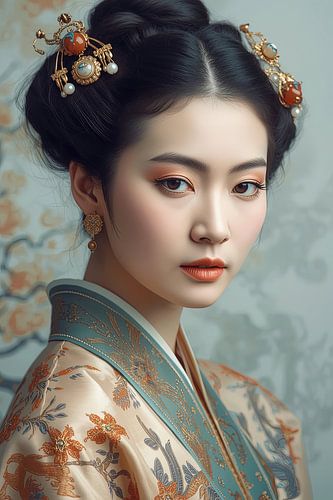 Originele Chinese vrouw in traditionele kleding en juwelen uit de 18de eeuw.