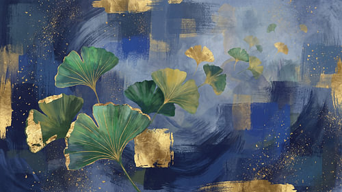 Japanische Ginkgoblätter in blau-goldenem Nebel