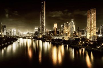 Moderne stad aan de rivier bij nacht van Max Steinwald