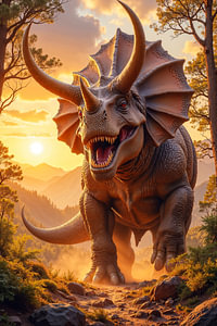 Fantasy Art Wandbild: TRICERON – Ein gewaltiger Triceratops bei Sonnenuntergang