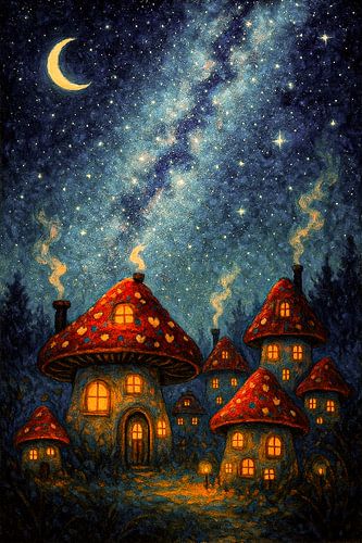 Mushroom houses under the stars