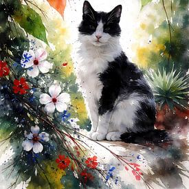 Katze zwischen den Blumen von Linda de Klein