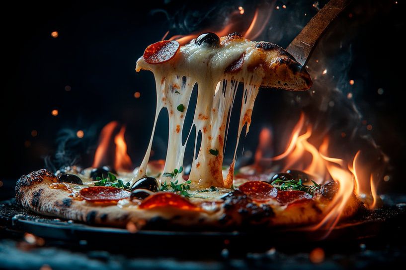 Pizza recouverte de fromage dans une mer de flammes par Poster Art Shop