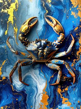Koningskrab - krab in donkerblauwe tinten en glinsterend goud voor een gestileerde marmeren plaat - uit een serie schaaldieren