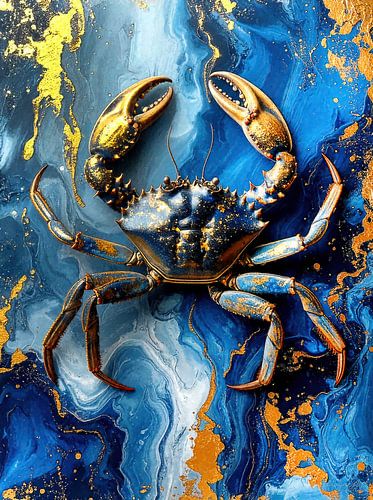 Koningskrab - krab in donkerblauwe tinten en glinsterend goud voor een gestileerde marmeren plaat - uit een serie schaaldieren