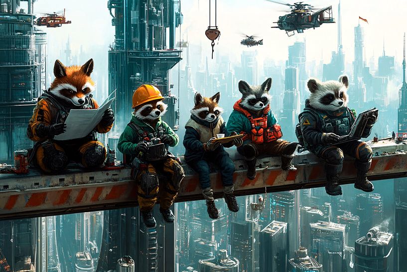 Des ratons laveurs dans une ville futuriste par Art & Soul Creations